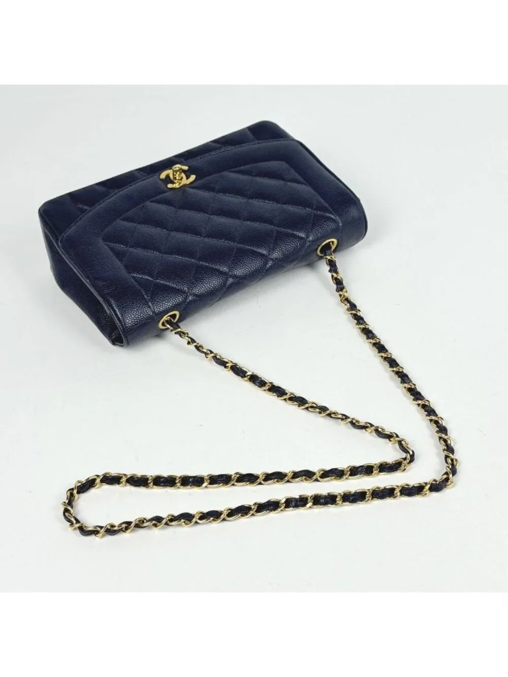 Chanel Diana Quilted Shoulder Bag CC Logo Single Flap Caviar Leather Navy